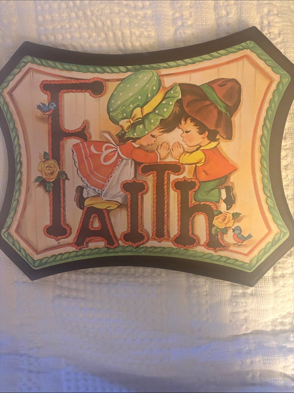 Faith Decorative Plaque with Children Illustration - Green, Red, Orange